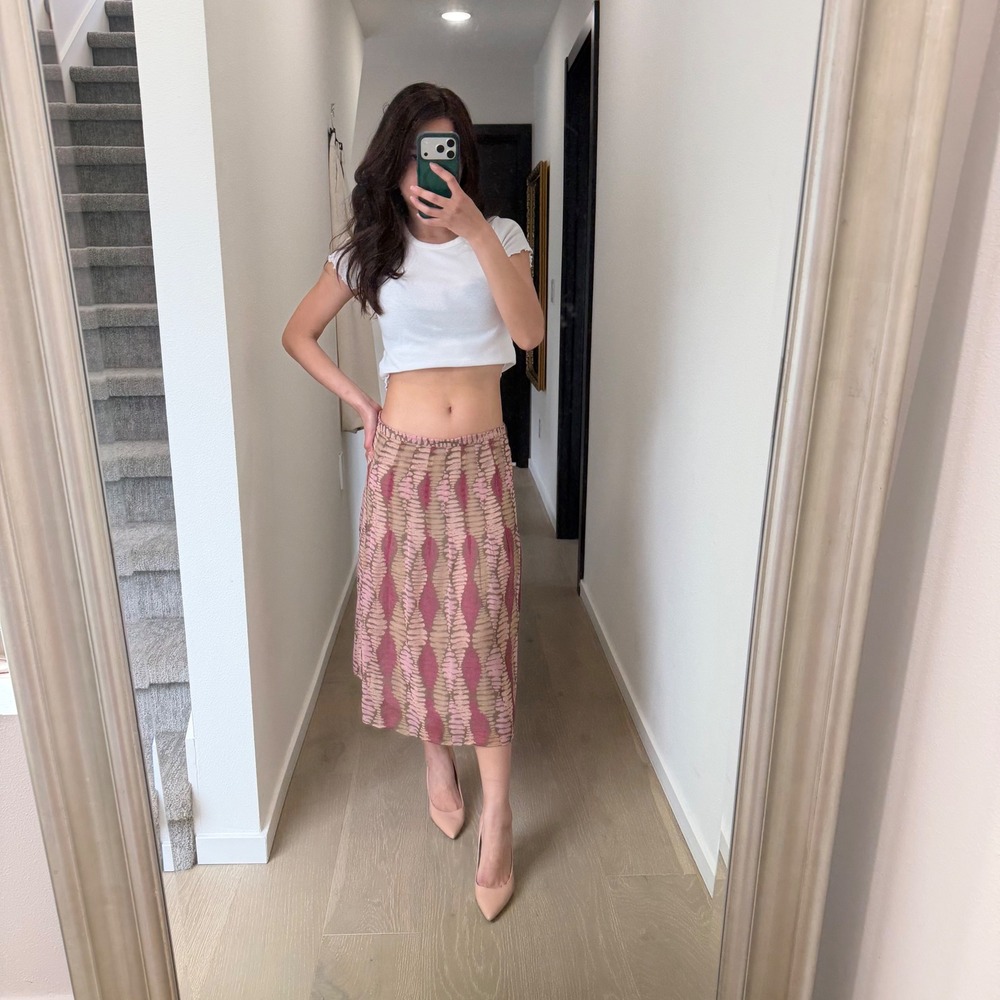 Y2K 100% Silk 90s Boho Midi Skirt Pink Pattern European Summer Retro 16